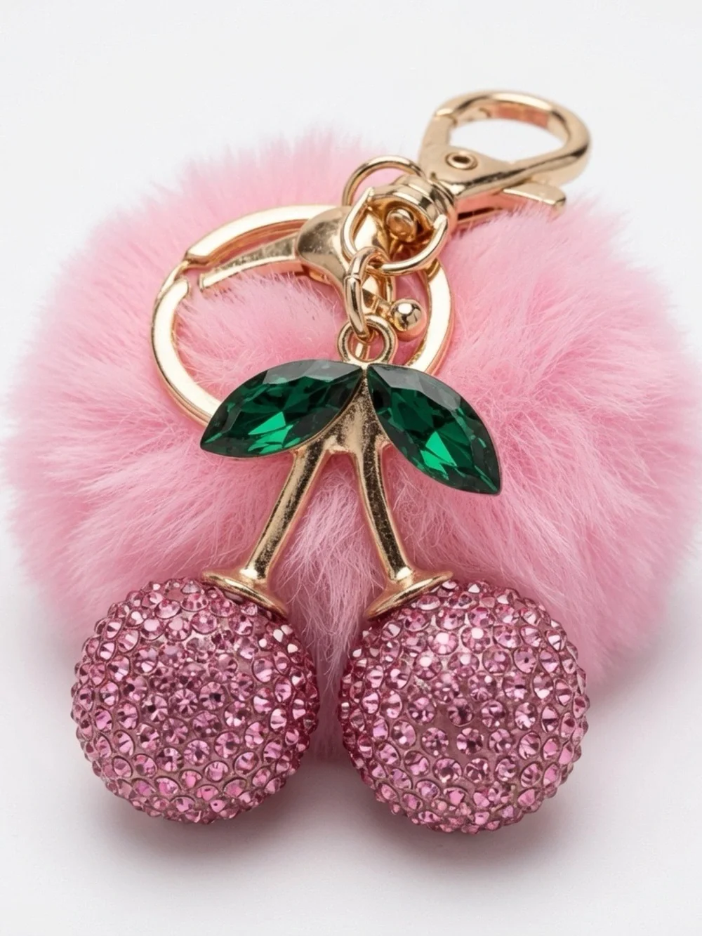 Pink Cherry Pom Pom Bag Charm Wristlet Keychain